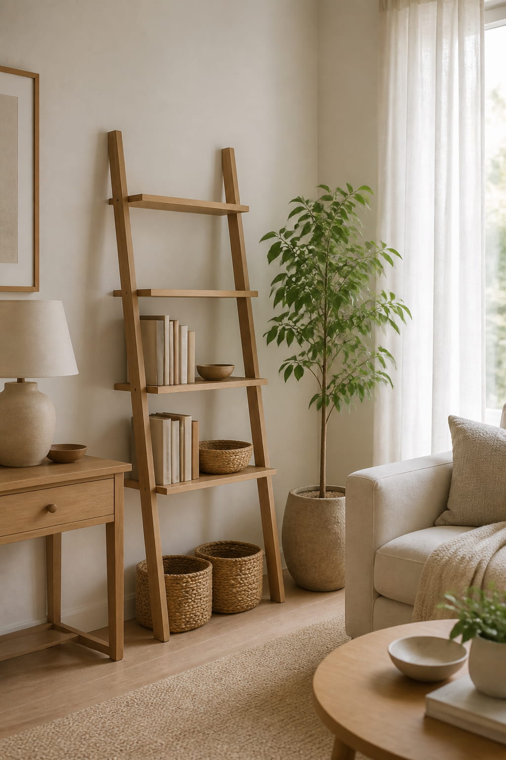 A calm, organized small living space with a lightly styled oak shelf, woven storage baskets, and soft natural light in warm neutral tones
