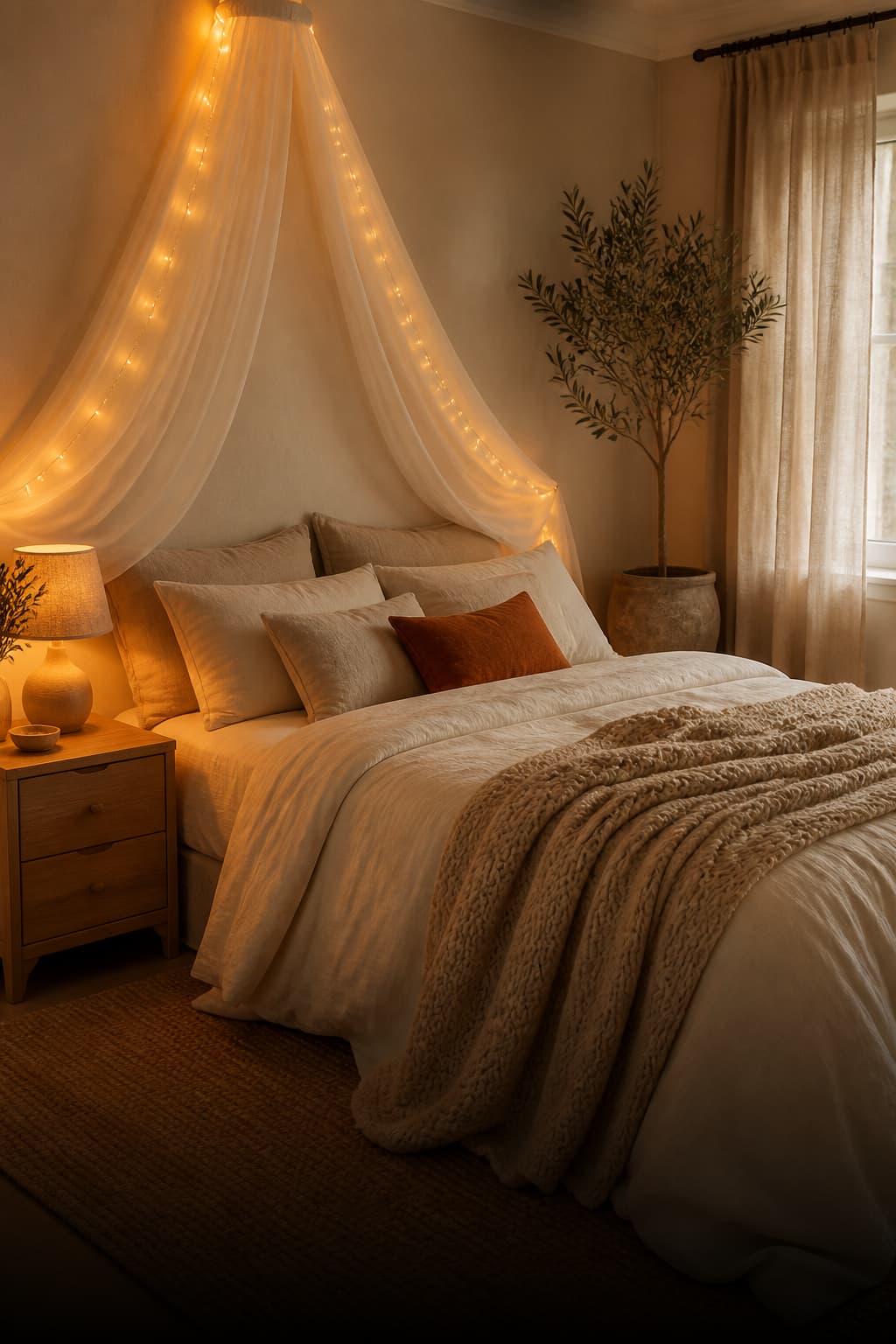 Cozy neutral bedroom with a soft draped canopy and warm string lights at golden hour