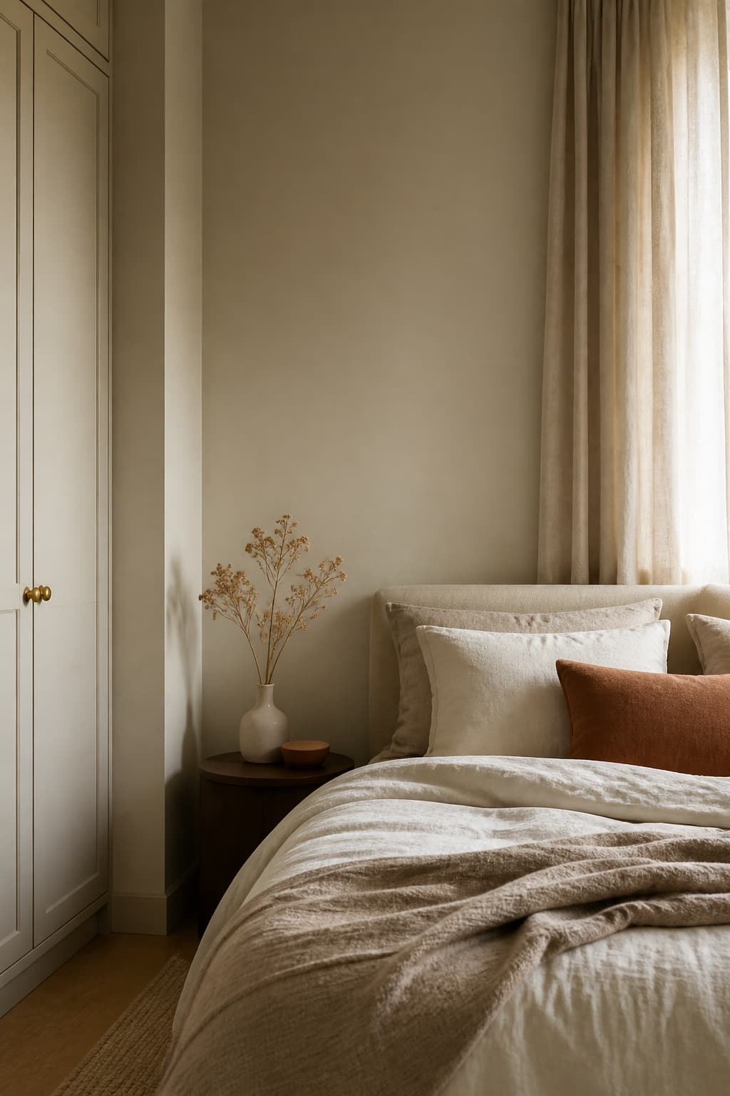 Warm neutral bedroom wall with cream and taupe tones