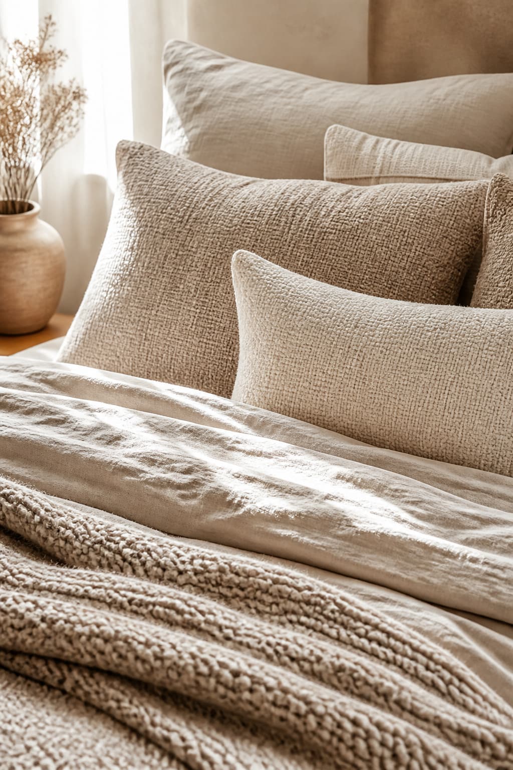 Layered neutral bedding with linen and a chunky knit throw