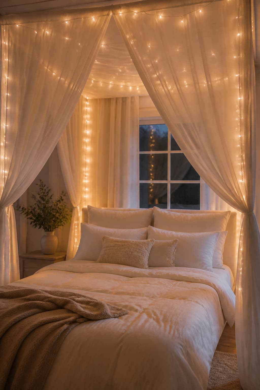 Sheer bed canopy with warm fairy lights in a soft bedroom