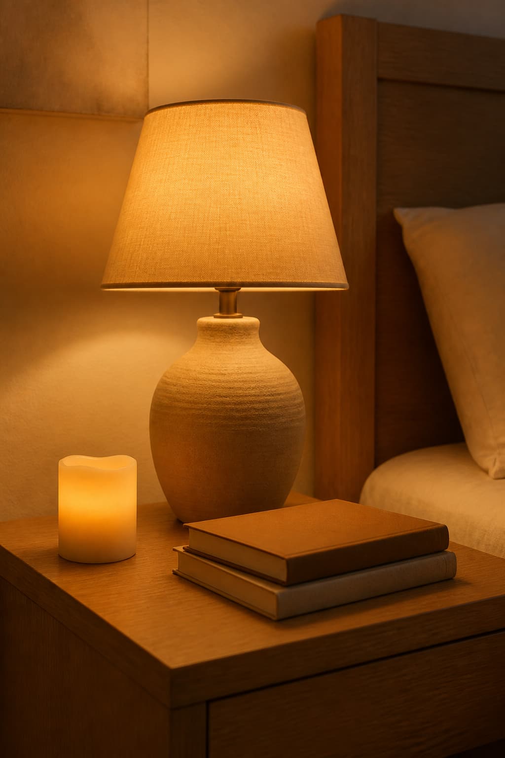 Warm bedside lamp glowing softly on a wooden nightstand