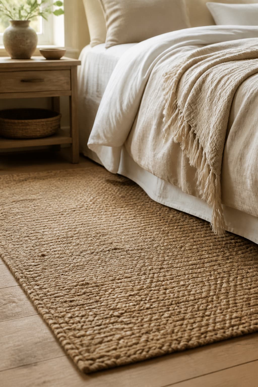 Natural jute rug beside a cozy bed with soft morning light
