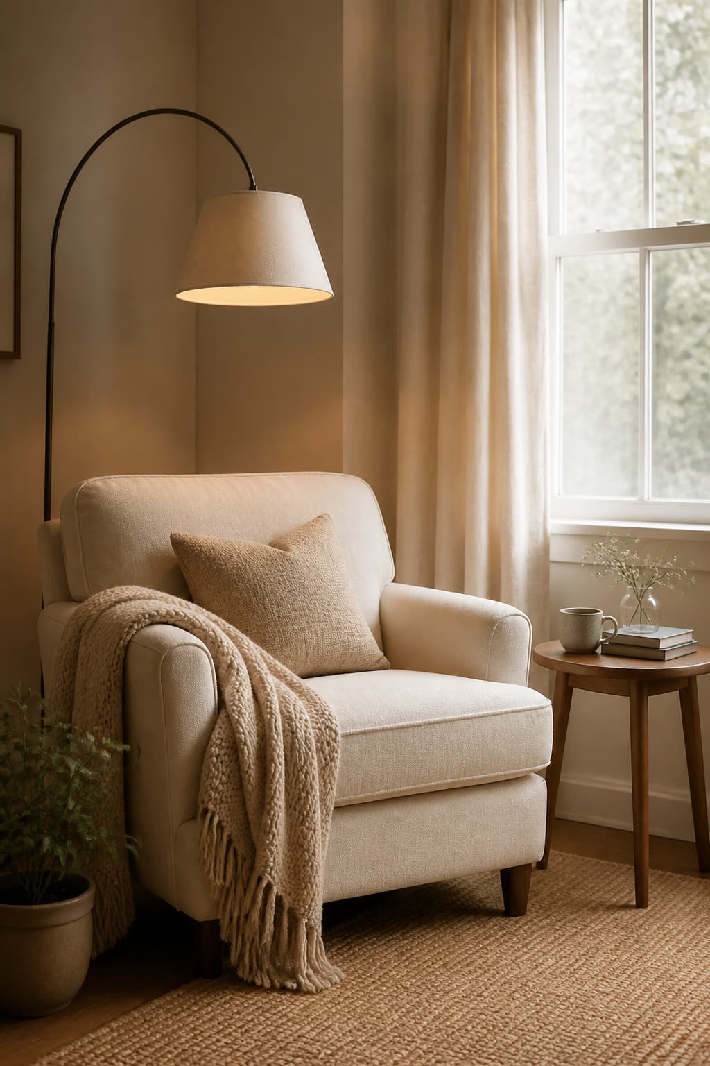 Cozy reading corner with a soft chair, throw, and floor lamp by a window