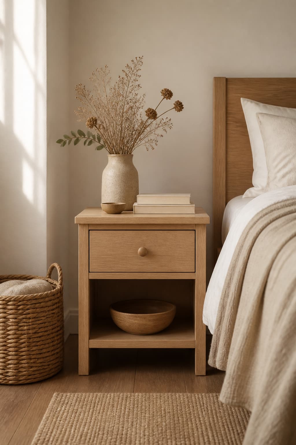 Wooden nightstand and woven basket adding warm natural texture