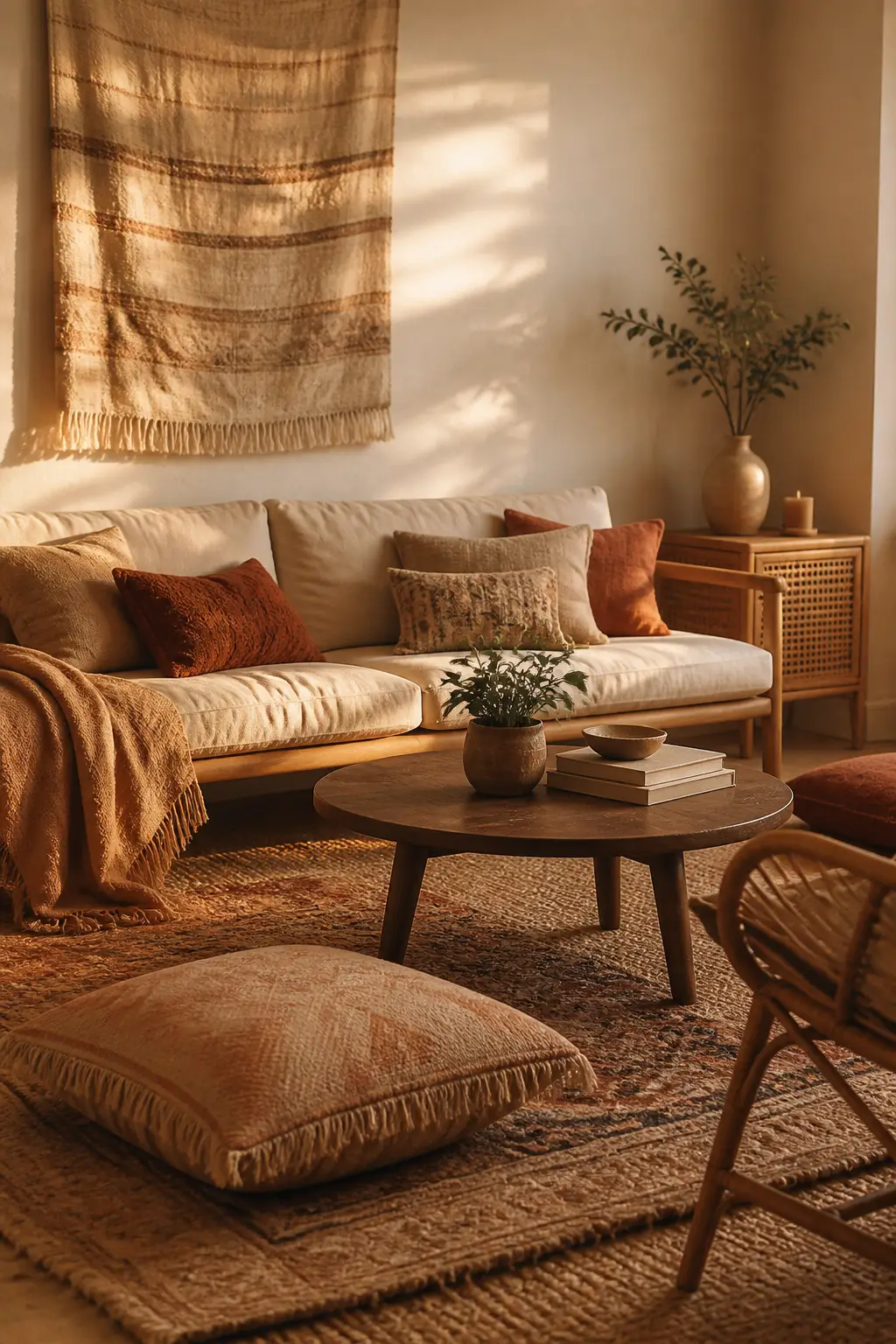 A calm bohemian living room layered with woven textures, warm earthy neutrals, and soft afternoon light