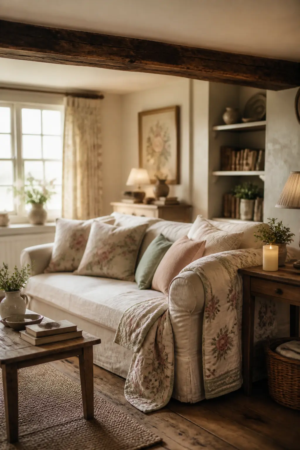 A cozy English cottage living room with an exposed wood beam, soft florals, and hazy afternoon light