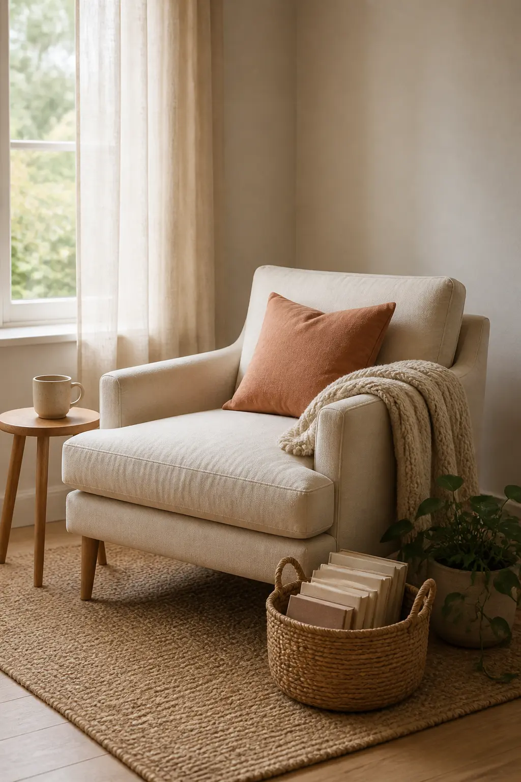 A cozy reading nook by a window with a soft cream armchair, a knit throw, and a basket of books in warm natural light