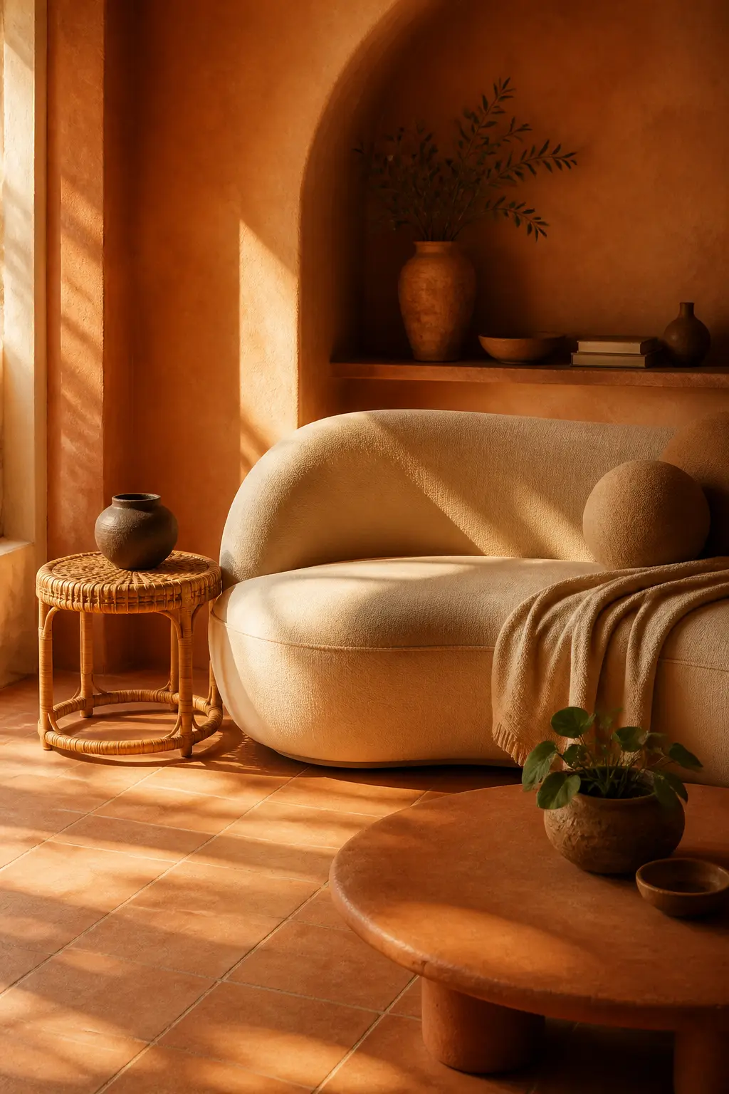 An earthy organic living room with warm terracotta walls, curved forms, and golden midday light