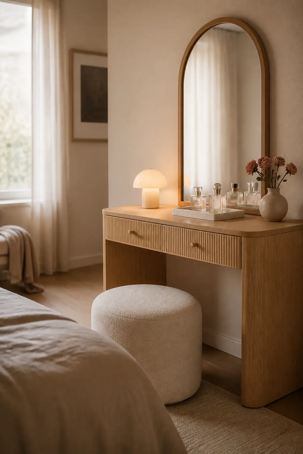 A dreamy makeup vanity corner with a light oak table, an arched mirror, a warm glowing lamp, perfume bottles on a marble tray, a vase of dried roses, and a soft boucle stool in natural light.