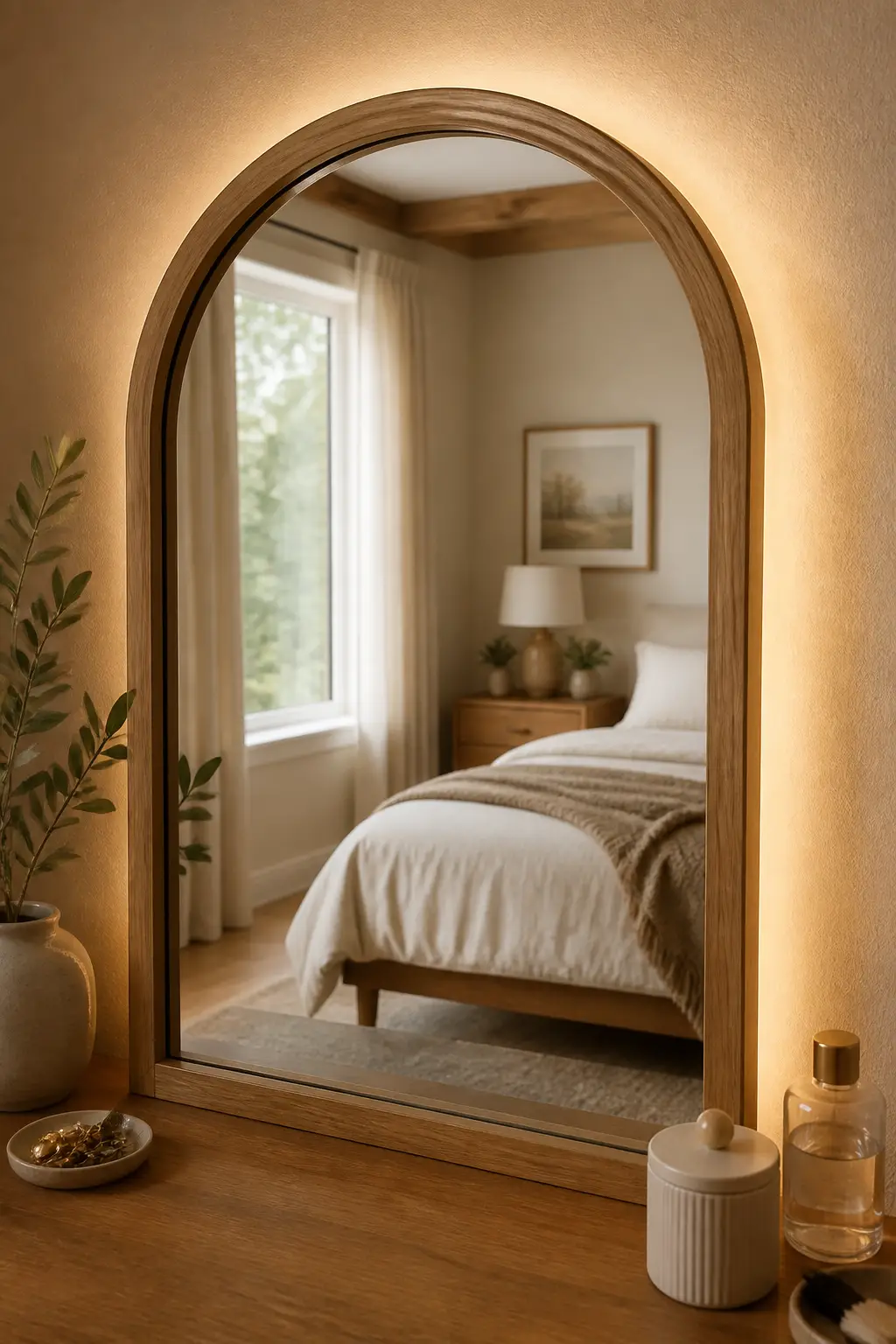An arched light-oak mirror with a soft warm glow on a vanity, reflecting a cozy neutral bedroom in gentle natural light.