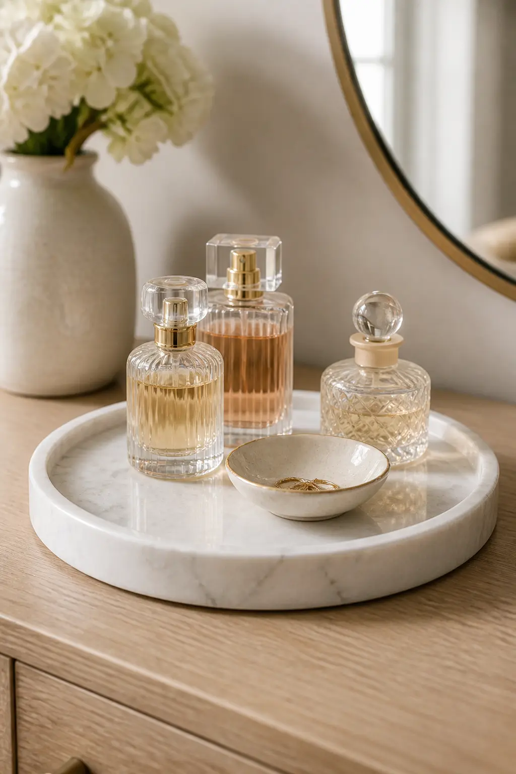 A round marble tray on a light oak vanity holding a few glass perfume bottles and a small ceramic ring dish in warm neutral tones.