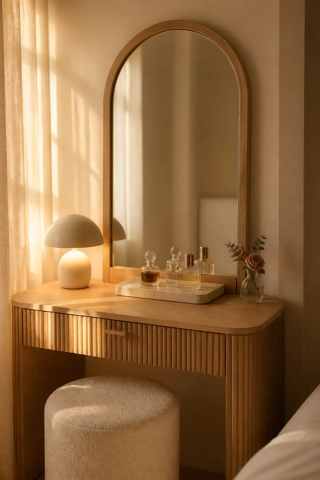 A peaceful, fully styled makeup vanity corner at golden hour with an arched mirror, a soft lamp, a small vase of dried flowers, and a cozy boucle stool.