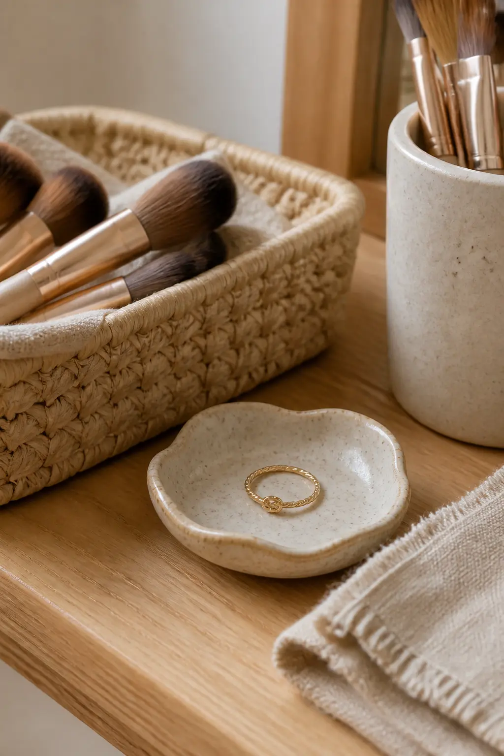 Close-up of cozy vanity textures — a woven basket of makeup brushes, a ceramic trinket dish, and a brush holder on a linen runner.