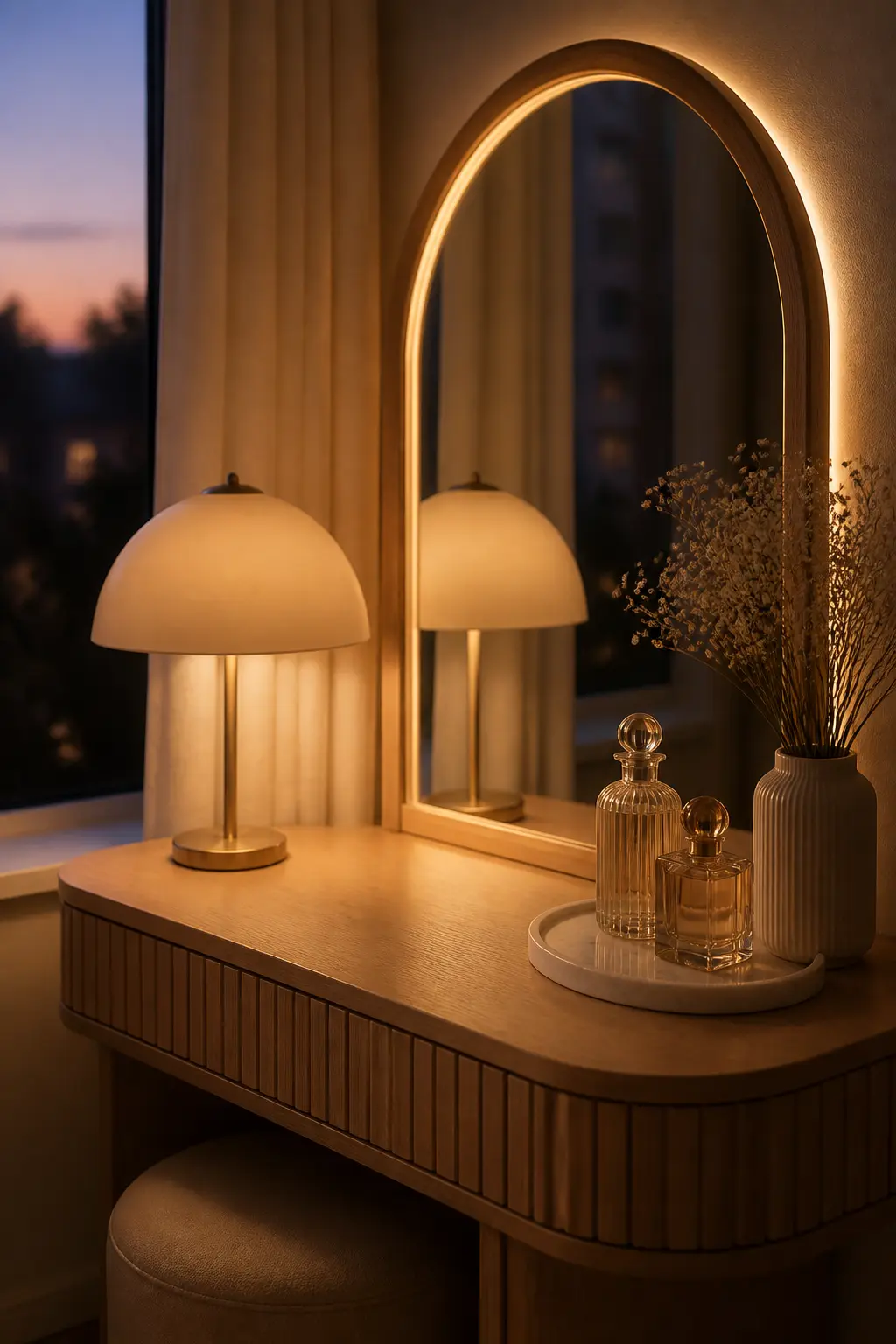 A cozy vanity corner glowing softly under a warm dome table lamp at dusk, with an arched mirror and a light oak surface in calm neutral tones.