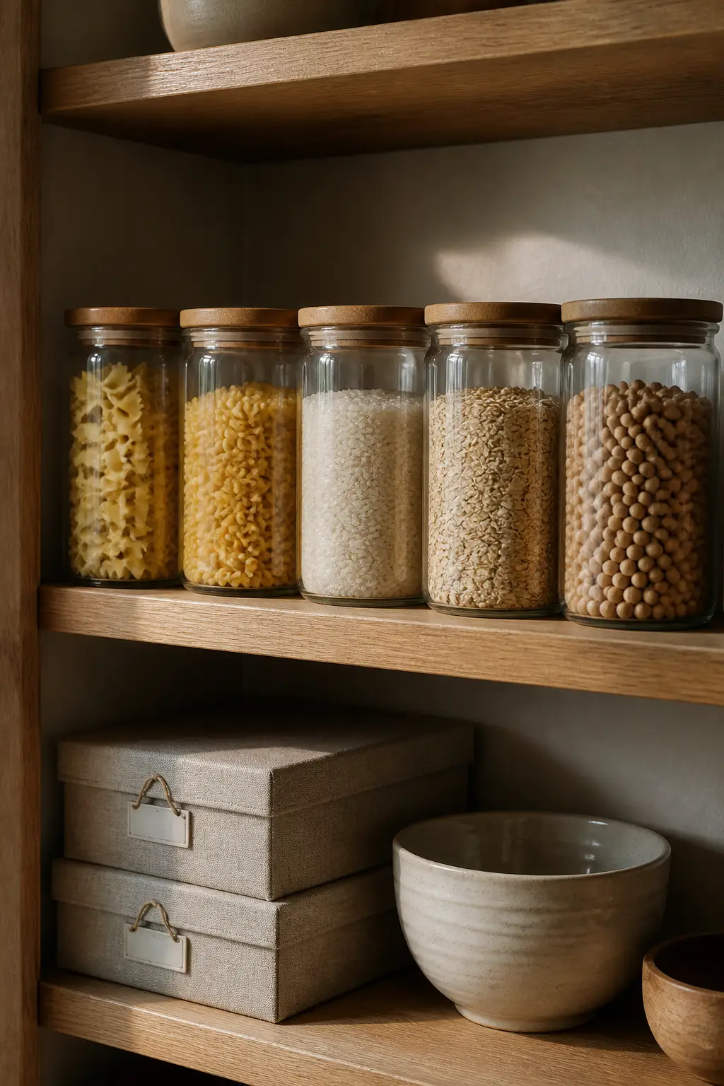 A calm pantry shelf styled with matching glass jars and neutral boxes, neatly arranged with breathing room