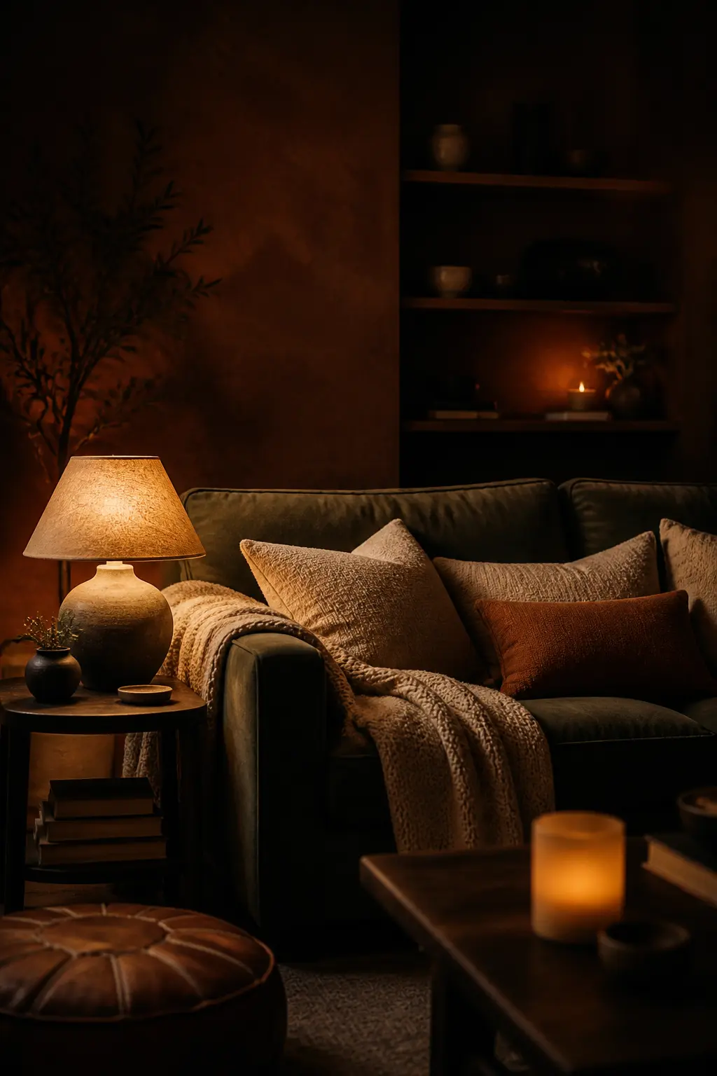 A moody cozy living room at dusk in deep olive and warm brown, lit by a single amber lamp