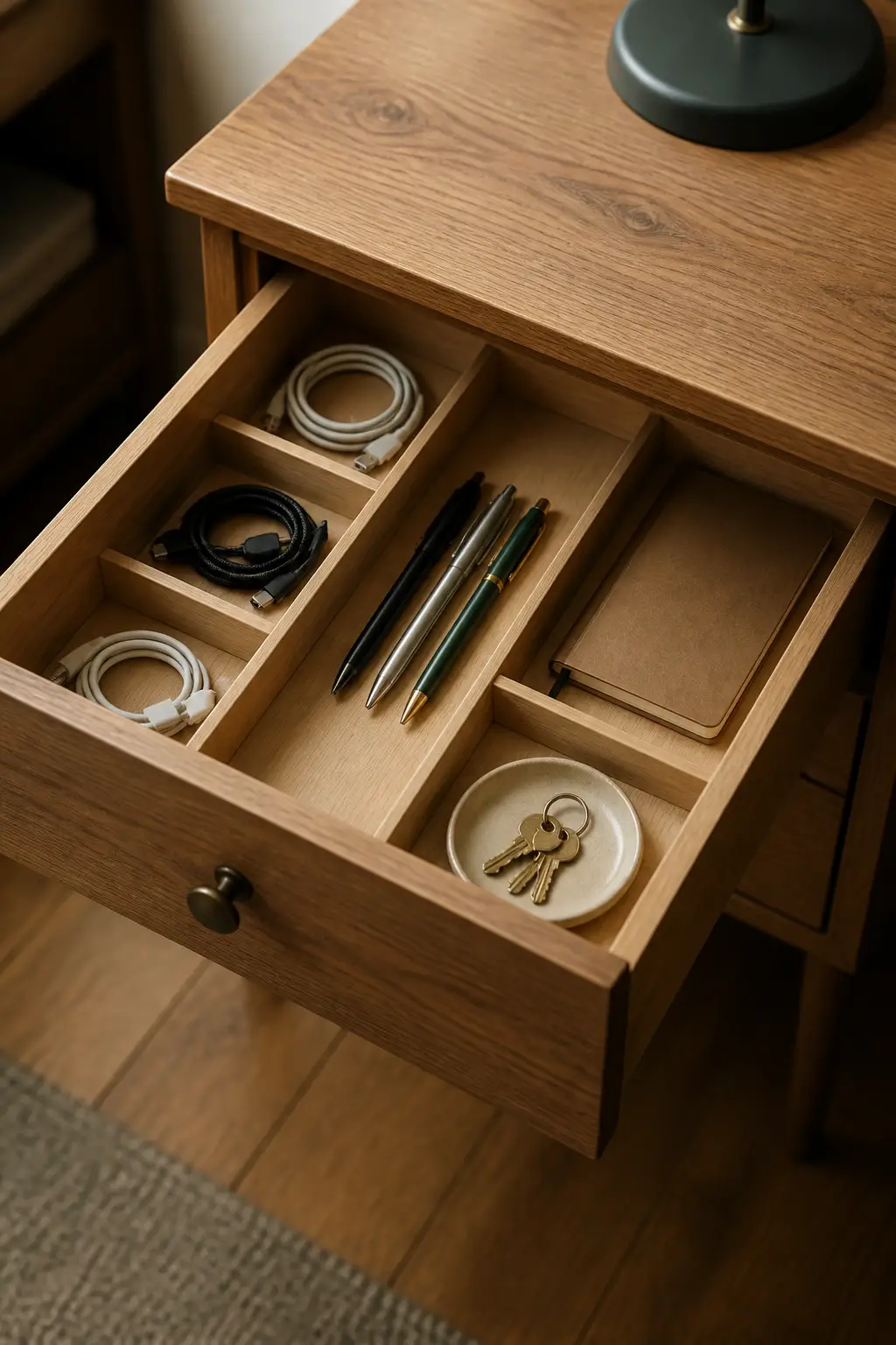 An organized desk drawer with light-wood dividers keeping coiled cables, pens, a notebook, and keys neatly separated