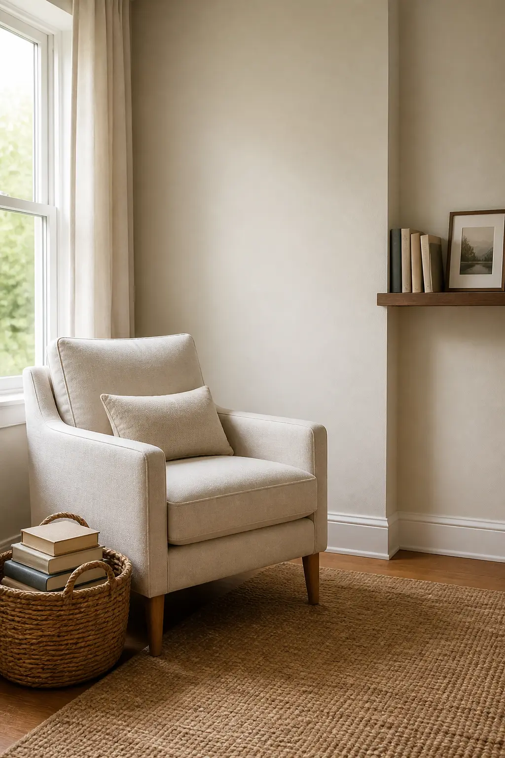 A woven basket of books beside a cream reading chair in a calm, uncluttered corner