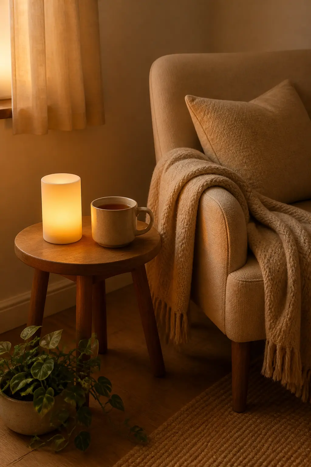 A cozy reading nook detail with a flameless candle, a mug of tea, and a small plant in warm evening light