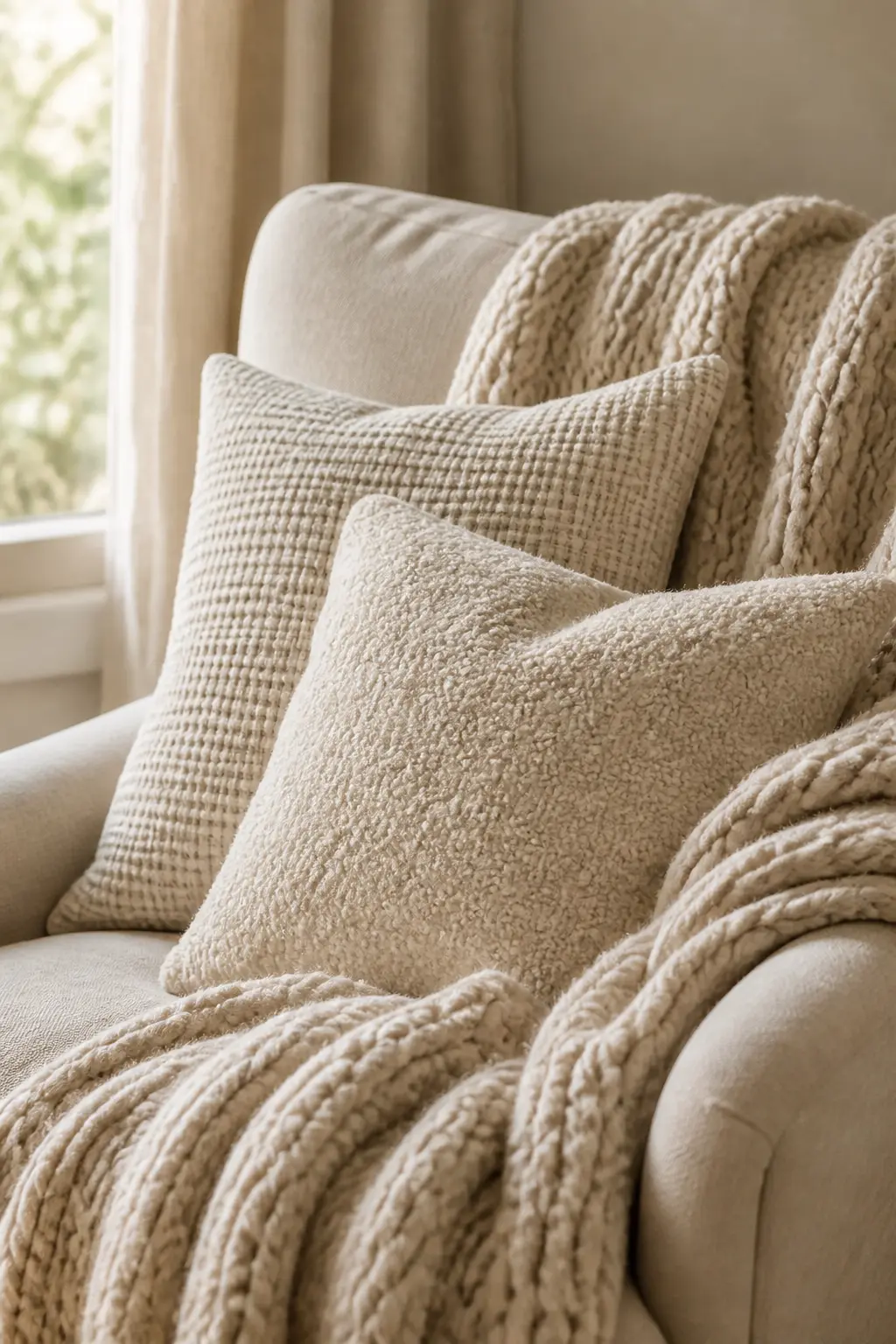 A close-up of a reading chair layered with a chunky knit throw and soft cushions in warm cream tones