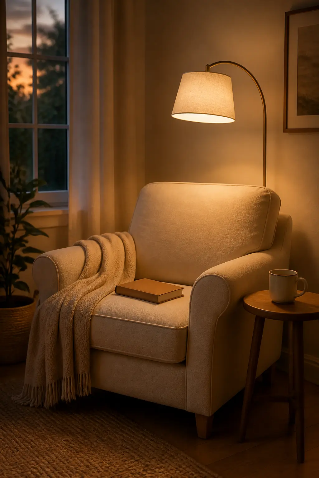 A reading corner in soft evening light with a warm floor lamp glowing over a cozy armchair