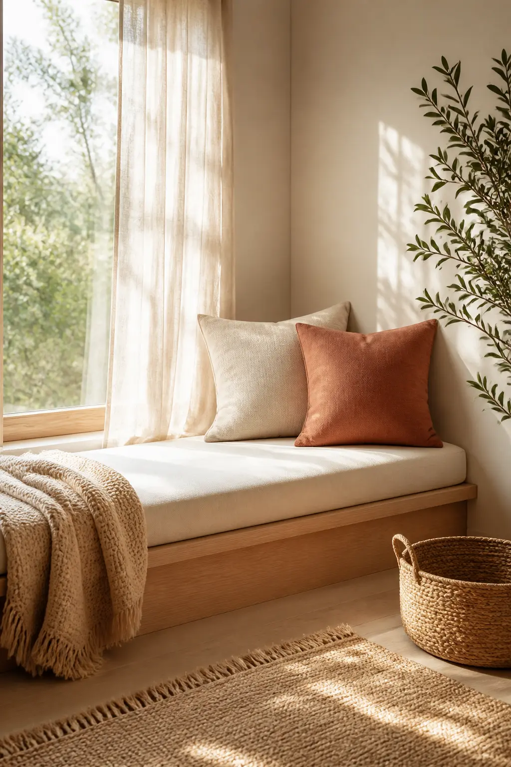 A cushioned window seat in a sunny corner with soft pillows and a folded knit throw