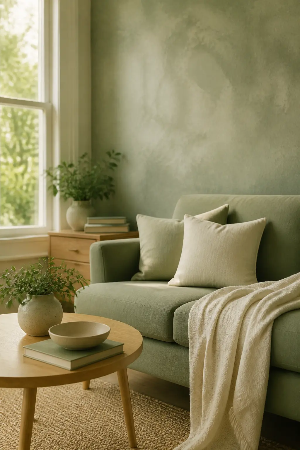 A sage green and cream living room with a soft green wall, warm wood, and fresh morning light