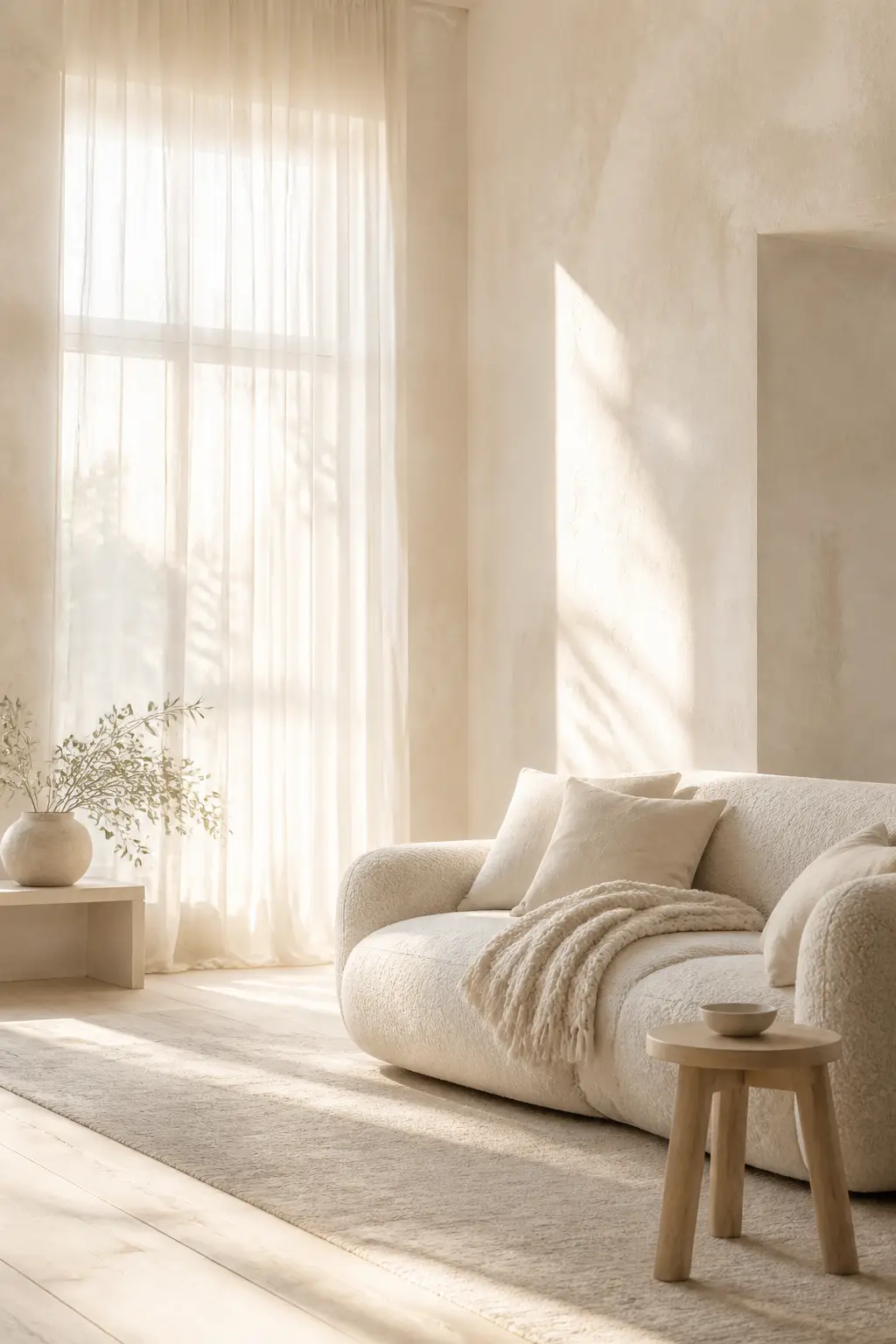 A sun-washed Scandinavian living room glowing in soft morning light with pale oak and chalky white tones
