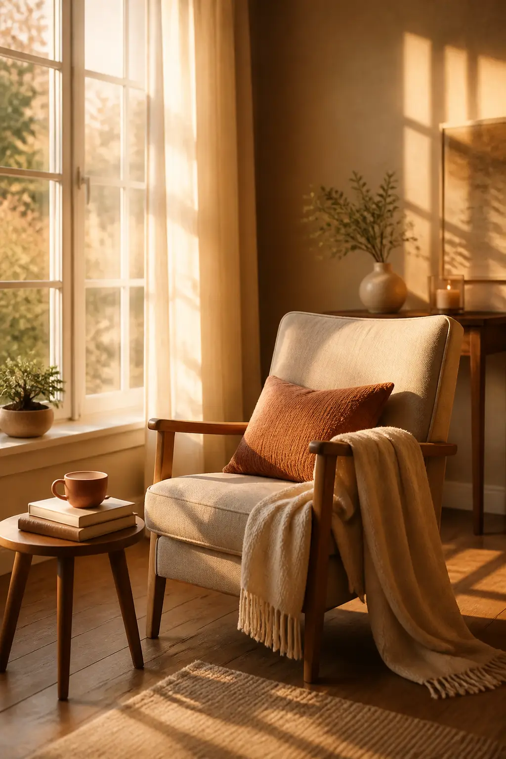 A slow-living reading corner with a soft armchair by a tall window in warm golden-hour light