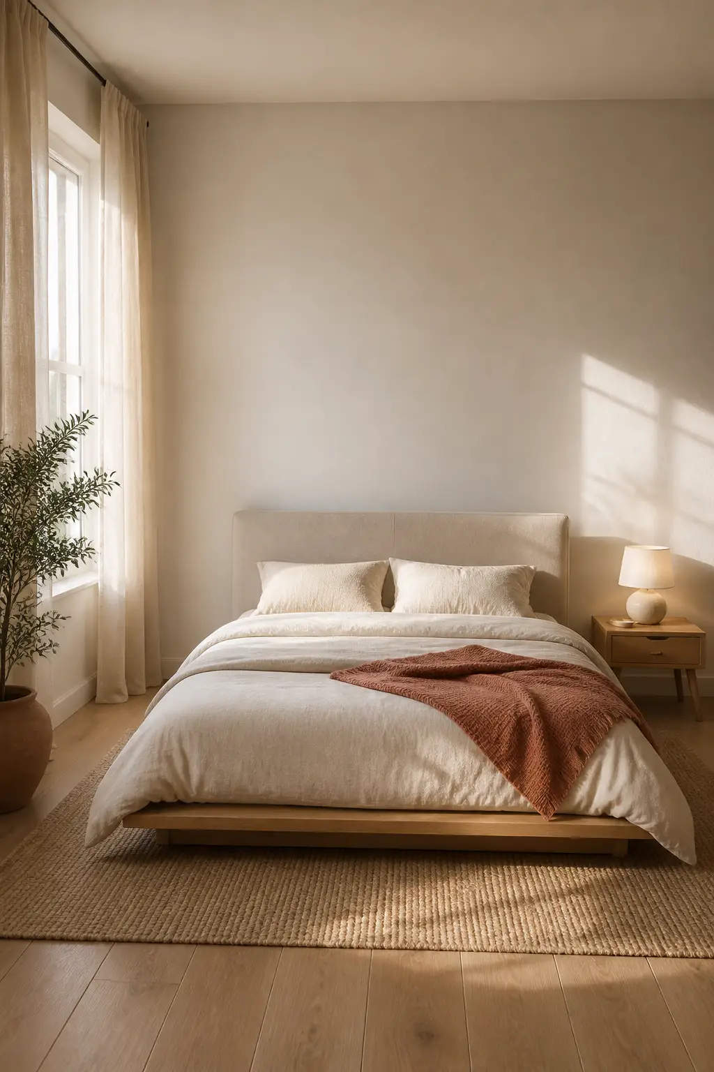 A calm, open small bedroom in warm neutral tones with a low centered bed, high floor-length curtains, and a slim nightstand