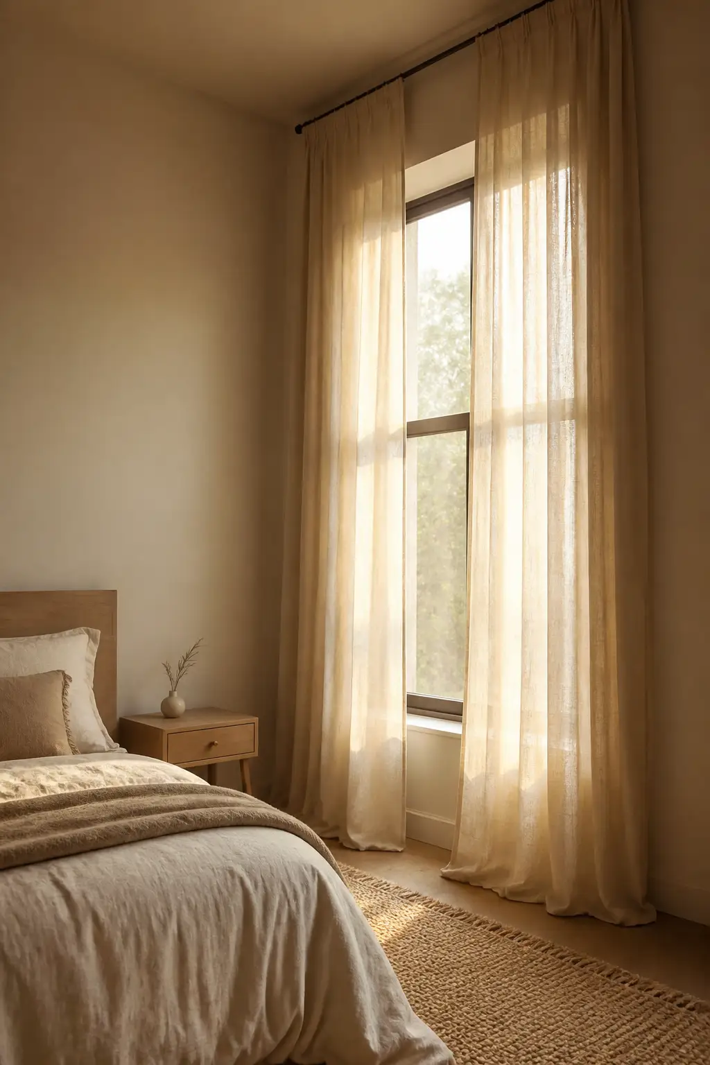 Light linen curtains hung high near the ceiling and falling to the floor in a small, sunlit bedroom