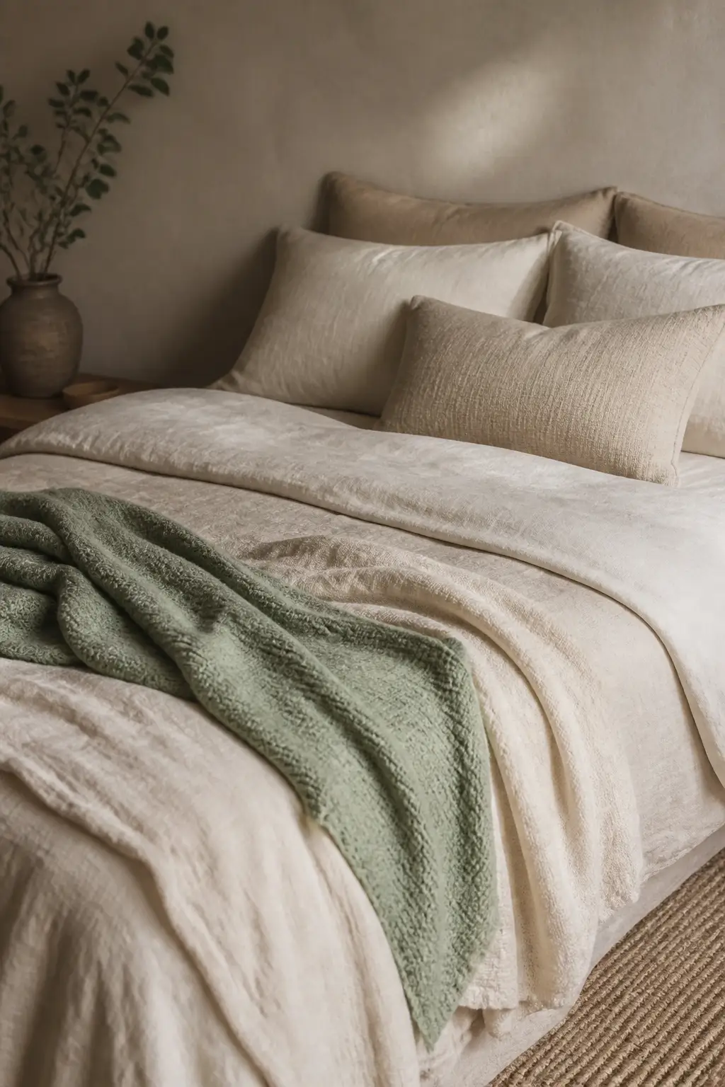 Layered cream and oatmeal bedding with one soft sage accent in a calm tonal small bedroom