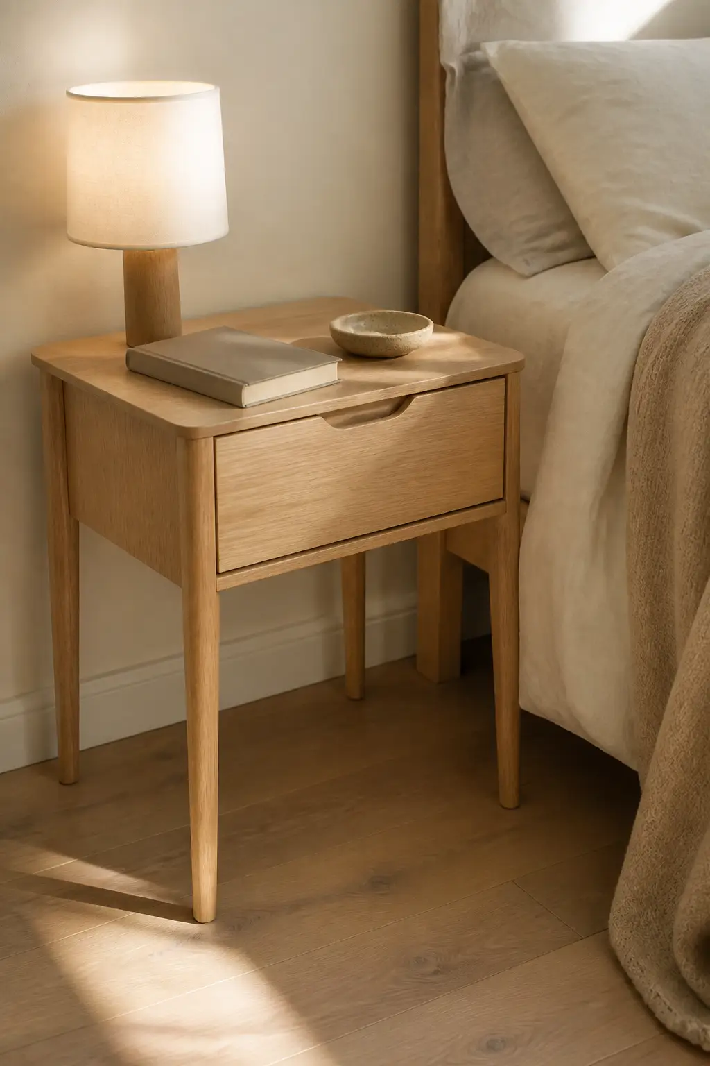 A slim light-wood nightstand on tapered legs with the floor visible underneath beside a low bed