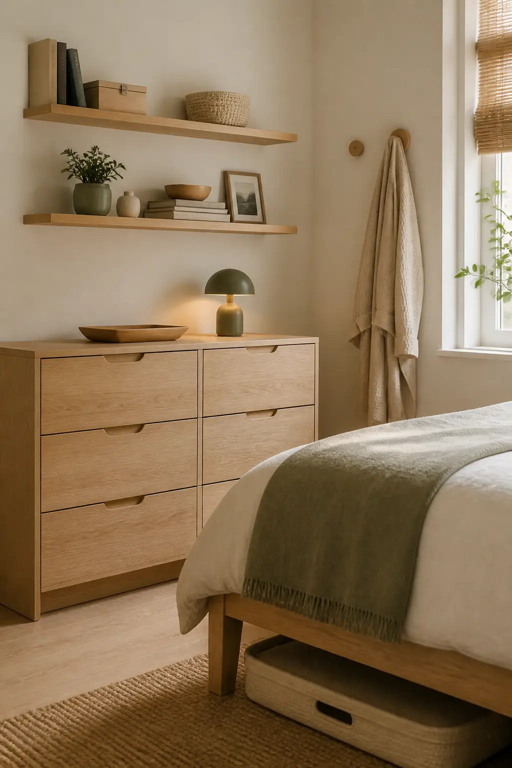 Slim wall shelves and under-bed storage keeping a small bedroom tidy and off the floor