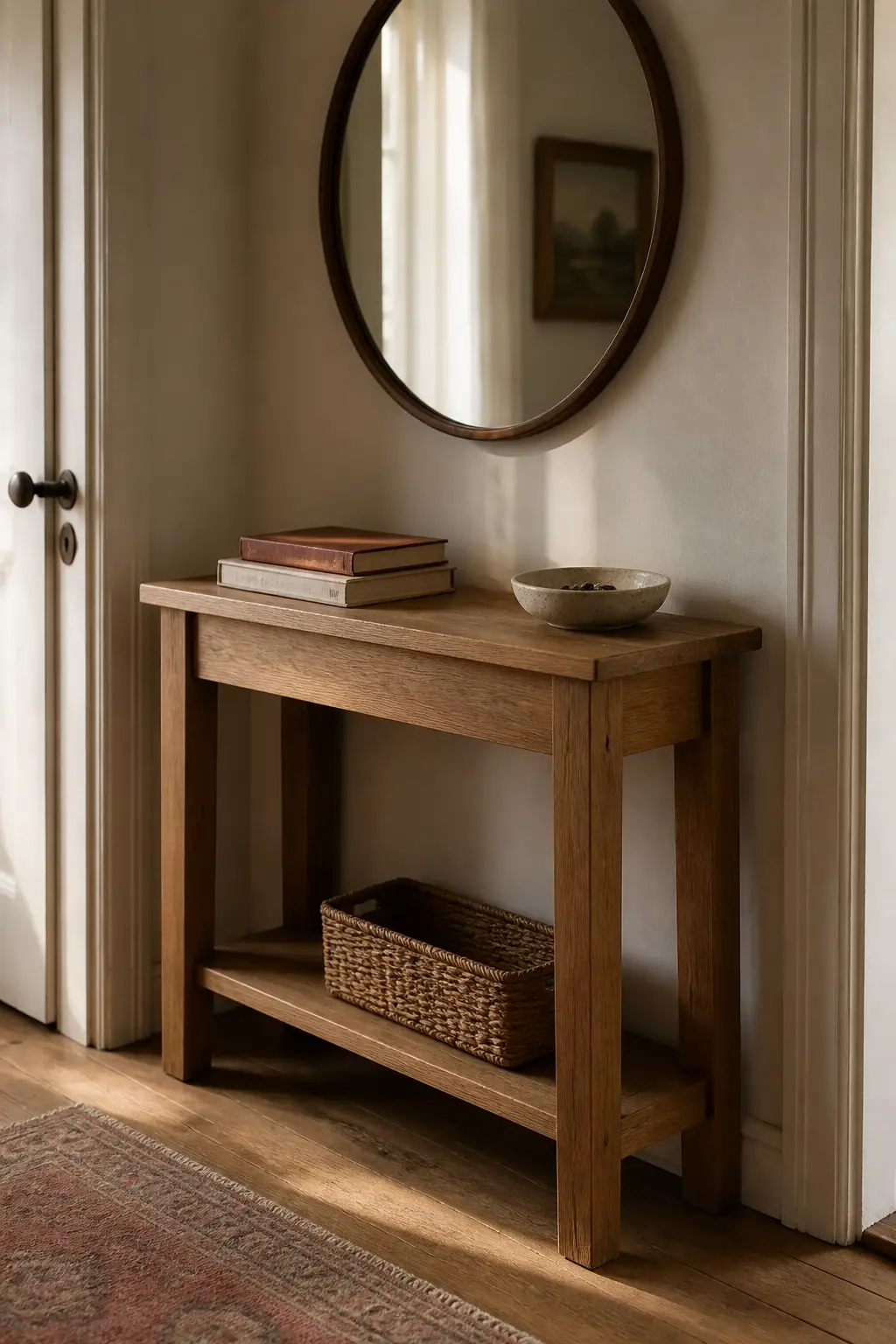 A slim but sturdy oak console with a woven basket on a lower shelf in a small corner and a round mirror above, in warm neutral tones