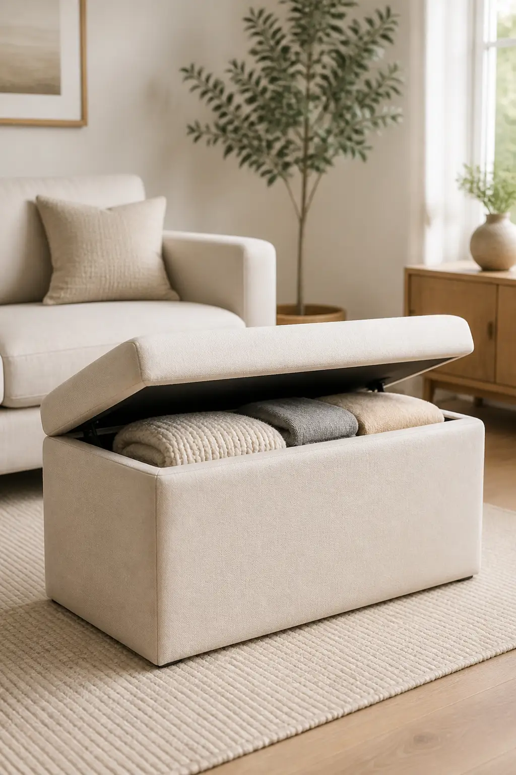 A cream upholstered storage ottoman with the lid open showing neatly folded blankets in a calm neutral living room