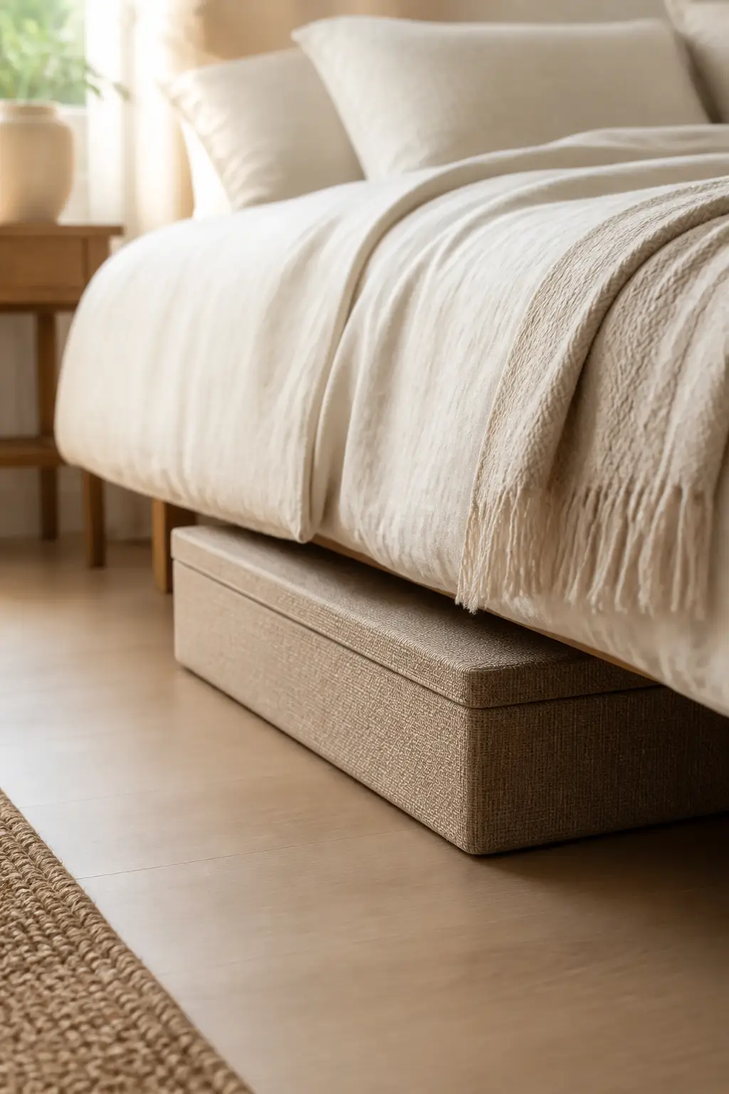 A lidded fabric storage bin sliding neatly under a bed with cream linen bedding in soft morning light