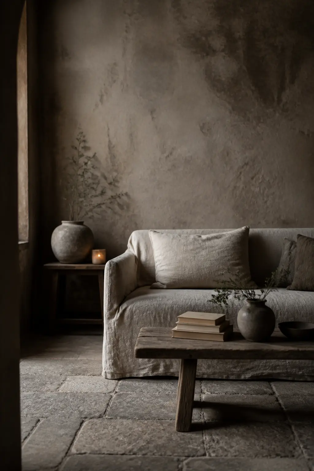 A wabi-sabi living room with raw plaster walls, muted earthy tones, and soft overcast light