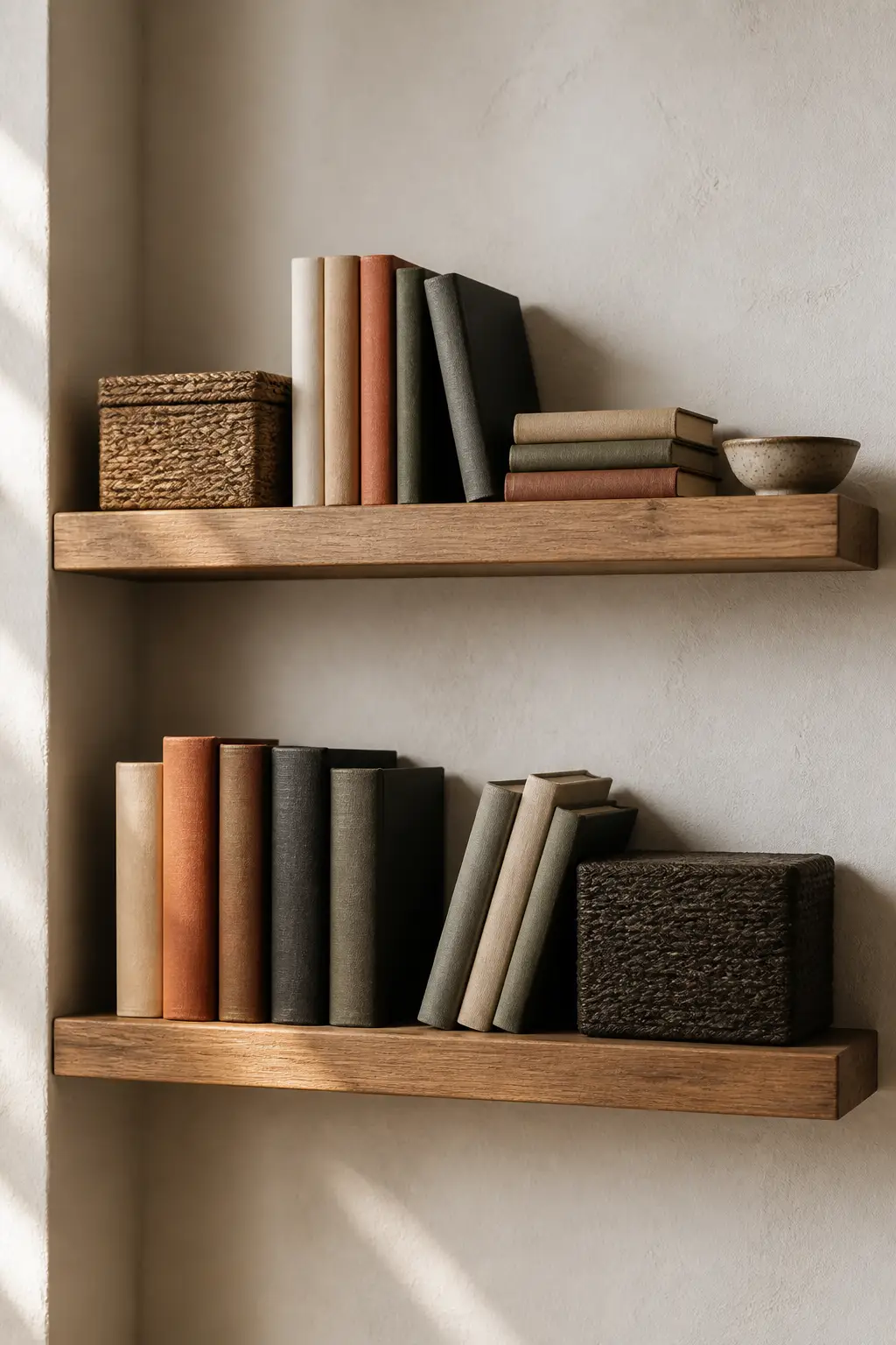 Securely mounted floating oak shelves styled with plain books, a woven box, and a ceramic bowl in a calm neutral room
