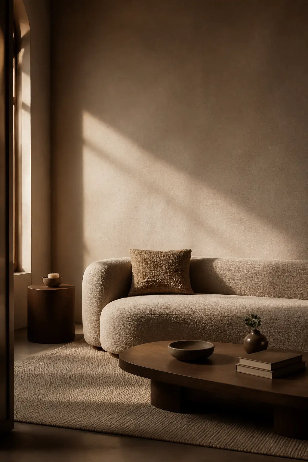 A warm minimalist living room in soft greige and camel tones with one sculptural sofa and calm empty space