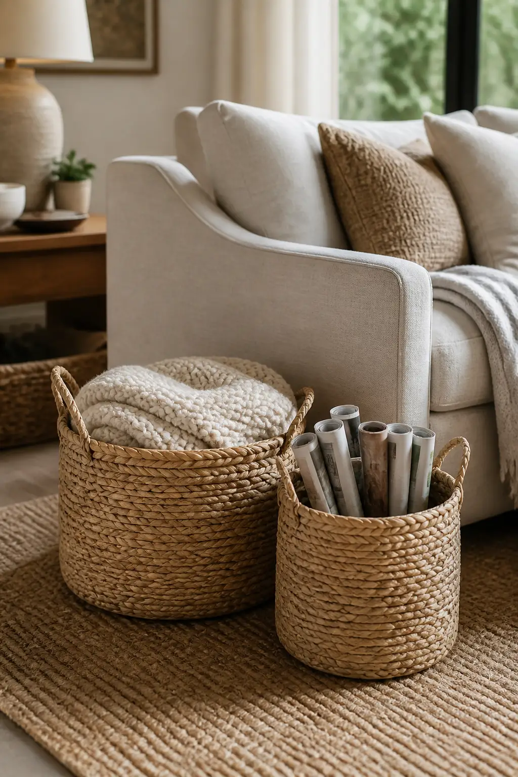 Woven seagrass baskets holding a folded throw and magazines beside a cream sofa in a warm neutral room
